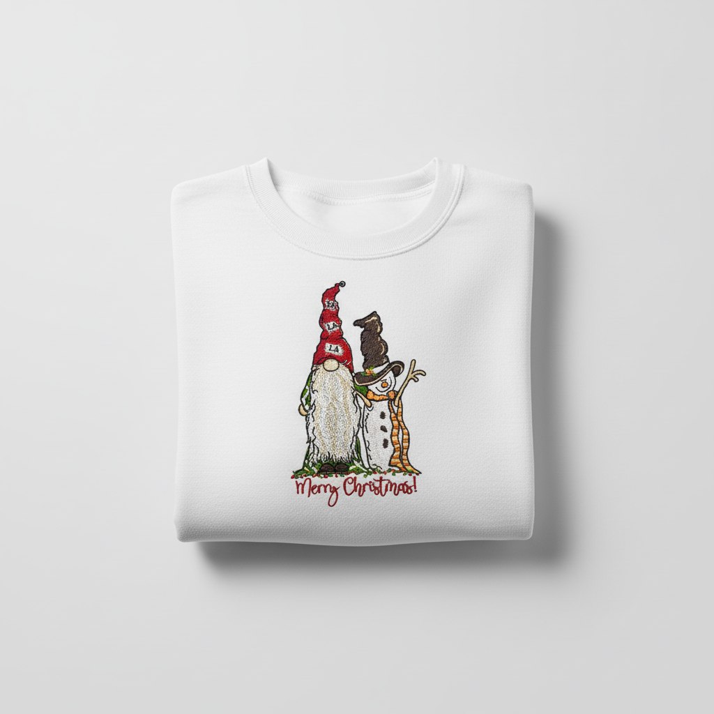 Gnome &amp; Snowman Merry Christmas Machine Embroidered Sweatshirt – Hand Finished in Dubai | EmbroMania