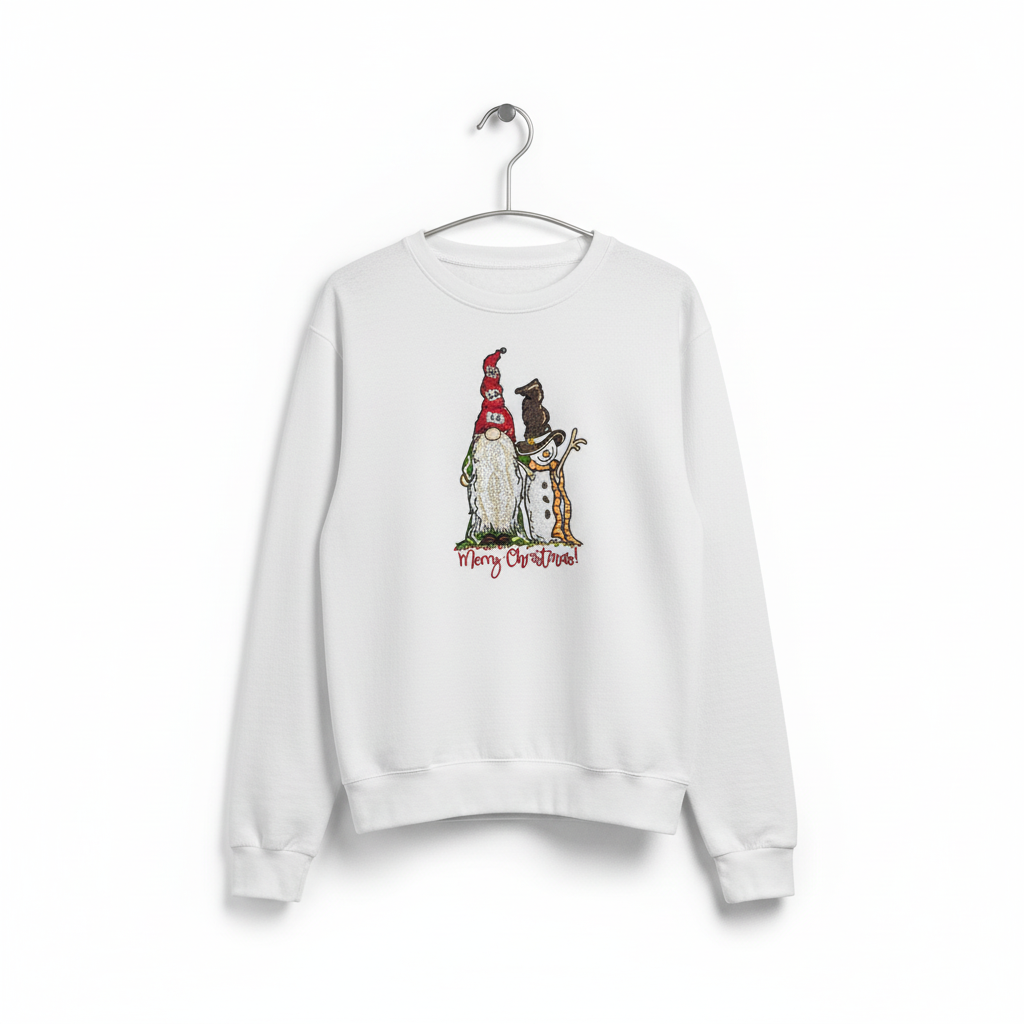 Gnome &amp; Snowman Merry Christmas Machine Embroidered Sweatshirt – Hand Finished in Dubai | EmbroMania