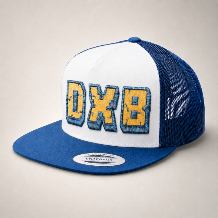 Blue and white trucker cap with &