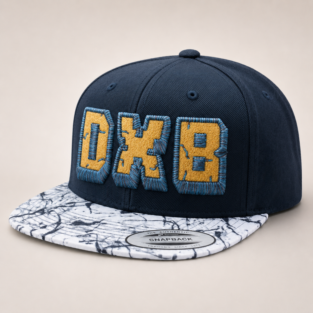Navy blue snapback cap with yellow and blue &