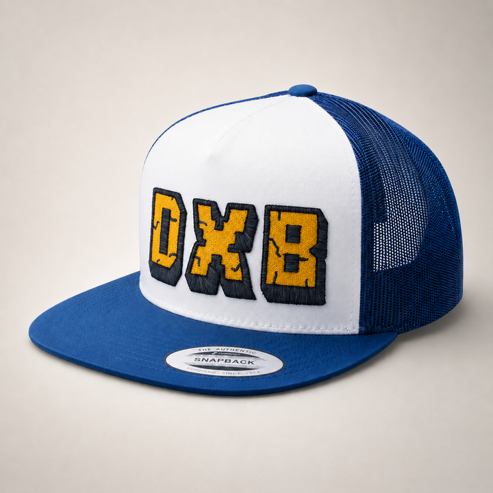 Blue and white trucker cap with &