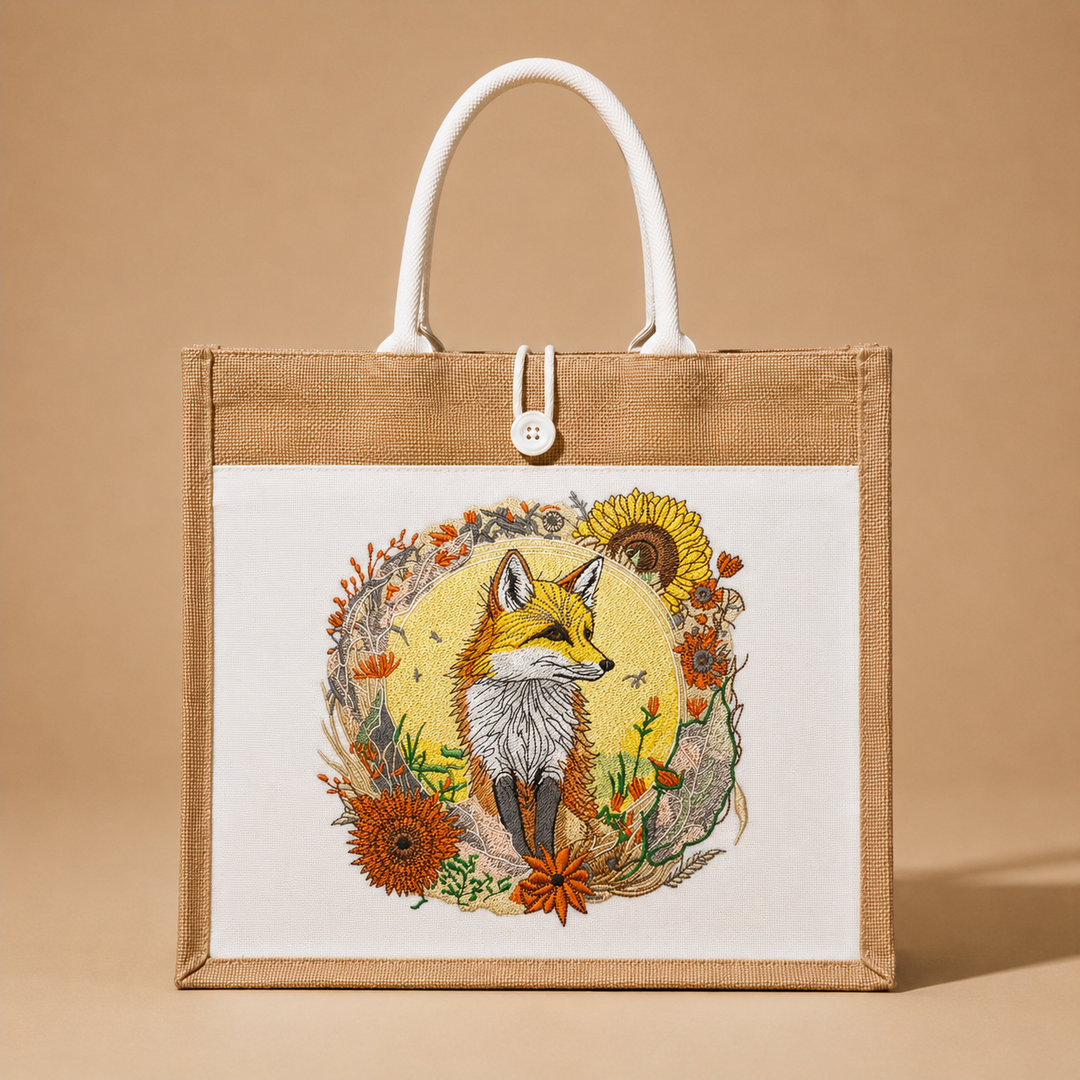 Jute bag with a fox and floral design on a beige background