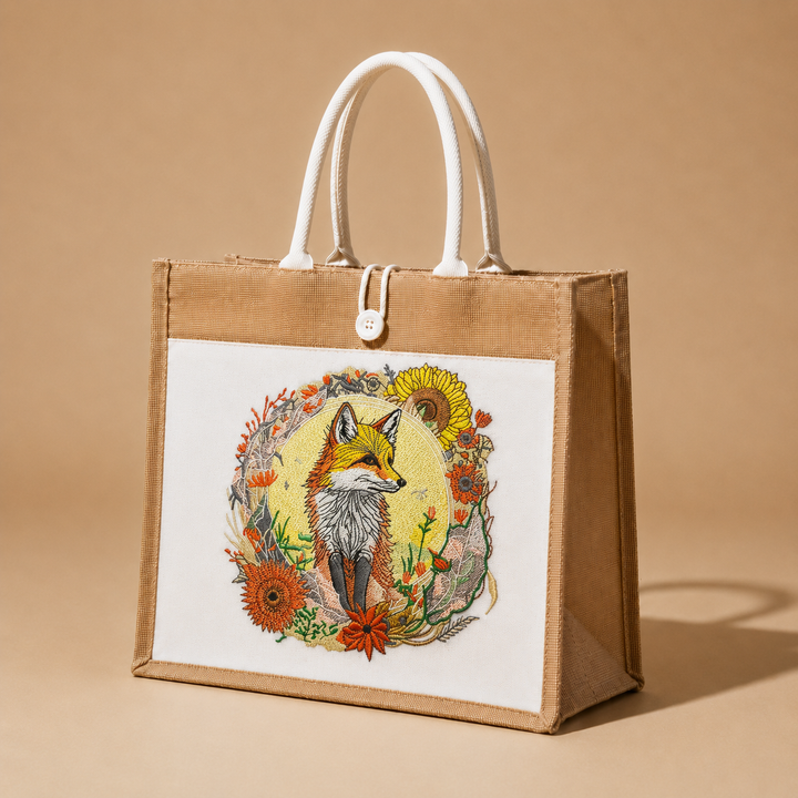 Jute bag with a fox and floral design on a beige background