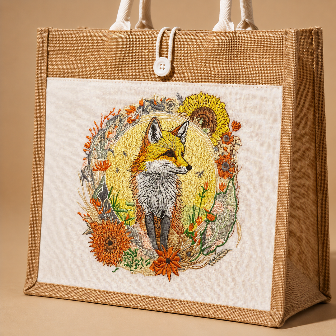 Embroidered fox design on a brown jute bag with a beige background