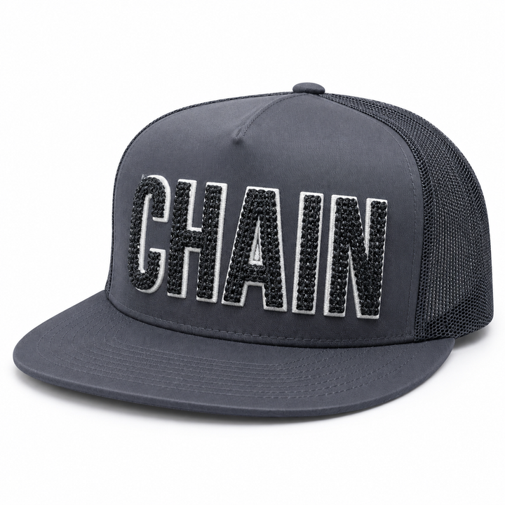 Graphic Sharp – ChainPop 3D Puff Chain Stitch Cap Font Charcoal &amp; White Machine Embroidered in Dubai | EmbroMania