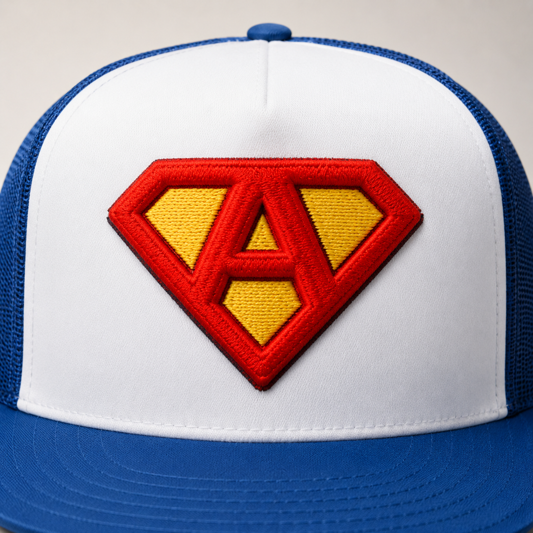 HeroShield 3D Puff Superman Shield Embroidery Detail – Raised Stitch Close-Up | Hand Finished in Dubai | EmbroMania