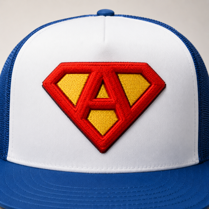 HeroShield 3D Puff Superman Shield Embroidery Detail – Raised Stitch Close-Up | Hand Finished in Dubai | EmbroMania