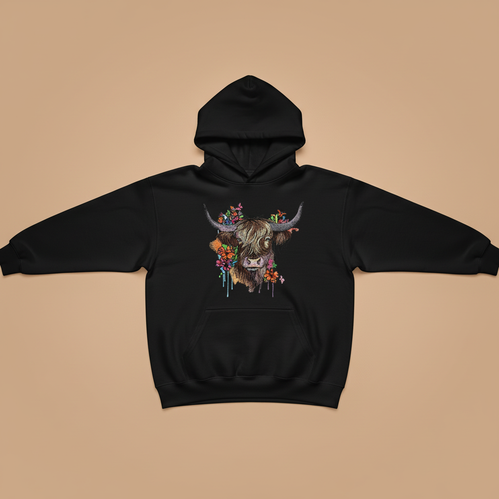 Floral Highland Cow — Premium Embroidered Hoodie | Original EmbroMania Design