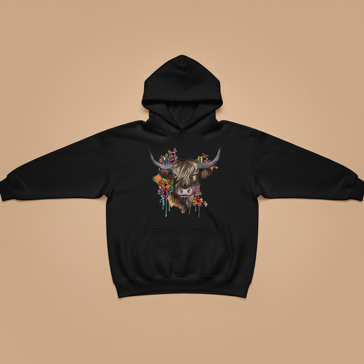 Floral Highland Cow — Premium Embroidered Hoodie | Original EmbroMania Design