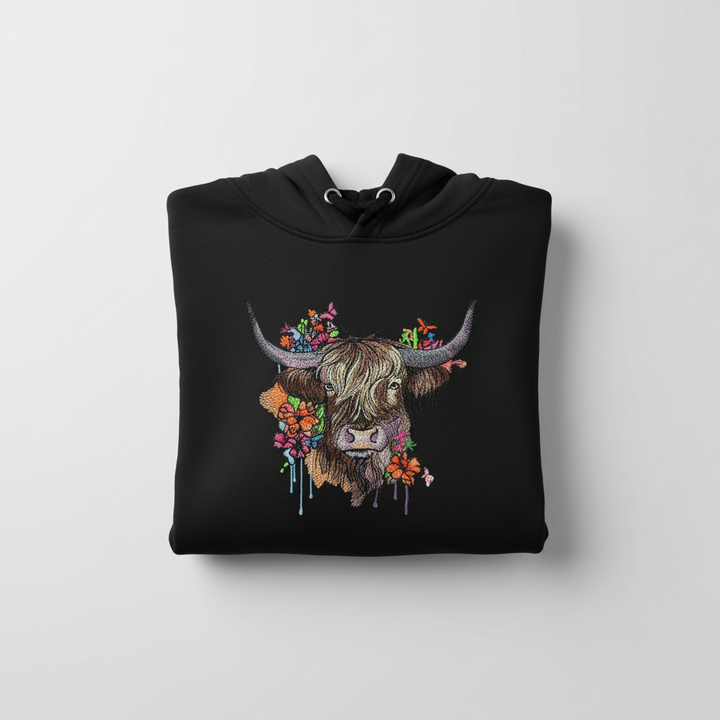 Floral Highland Cow — Premium Embroidered Hoodie | Original EmbroMania Design