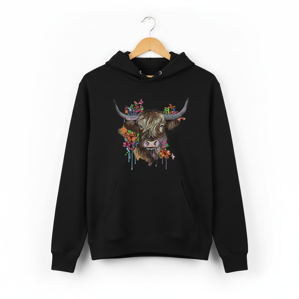 Floral Highland Cow — Premium Embroidered Hoodie | Original EmbroMania Design