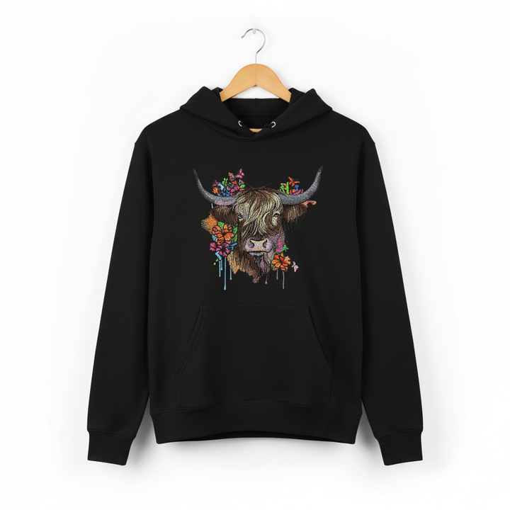 Floral Highland Cow — Premium Embroidered Hoodie | Original EmbroMania Design