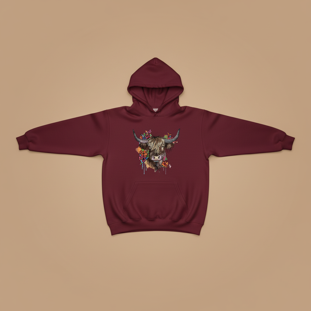 Floral Highland Cow — Premium Embroidered Hoodie | Original EmbroMania Design