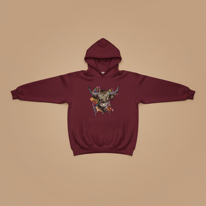 Floral Highland Cow — Premium Embroidered Hoodie | Original EmbroMania Design