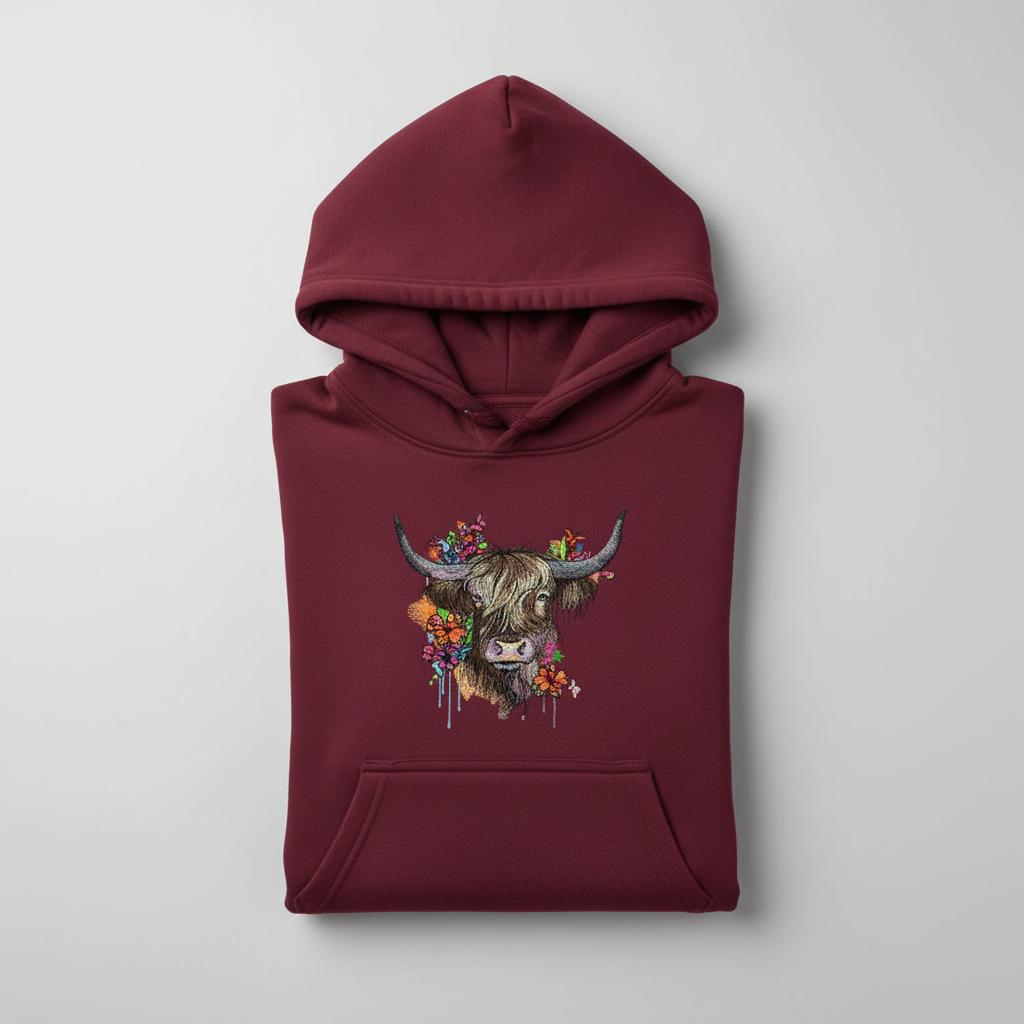 Floral Highland Cow — Premium Embroidered Hoodie | Original EmbroMania Design