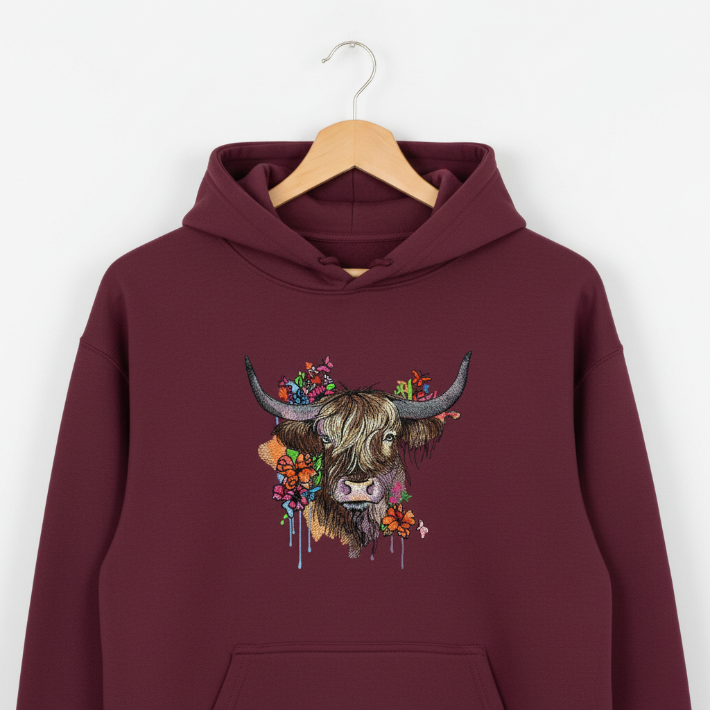 Floral Highland Cow — Premium Embroidered Hoodie | Original EmbroMania Design