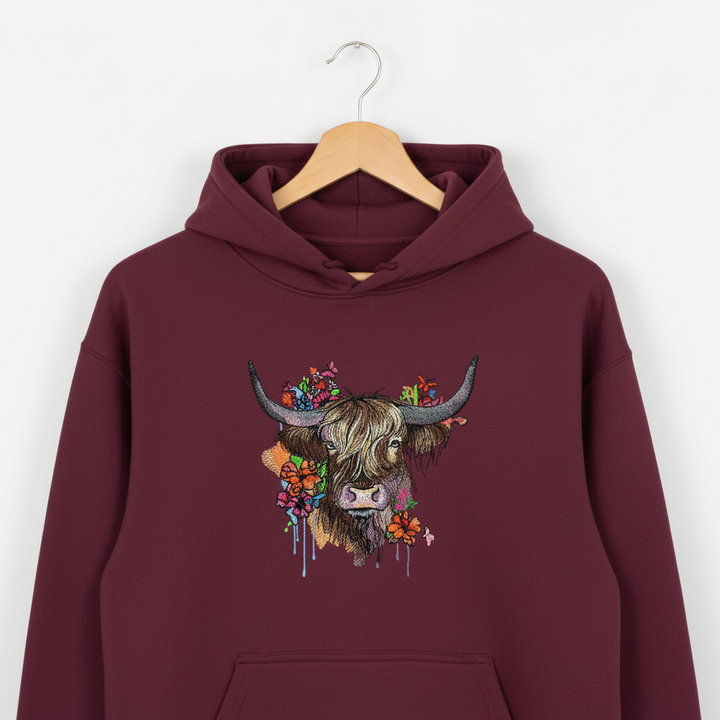 Floral Highland Cow — Premium Embroidered Hoodie | Original EmbroMania Design
