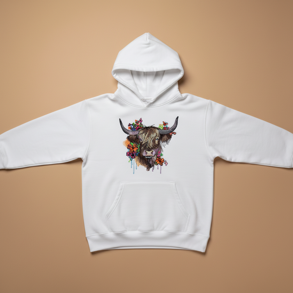 Floral Highland Cow — Premium Embroidered Hoodie | Original EmbroMania Design