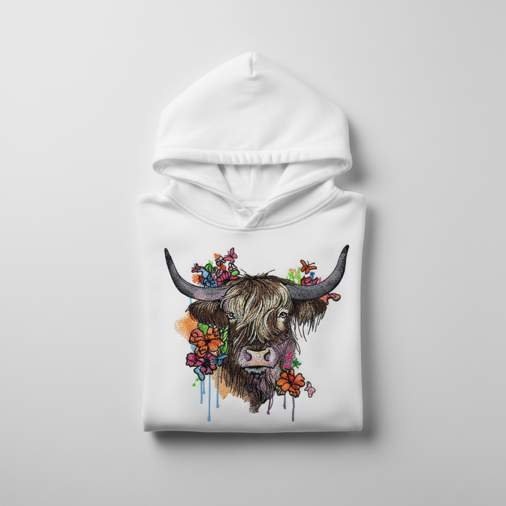 Floral Highland Cow — Premium Embroidered Hoodie | Original EmbroMania Design