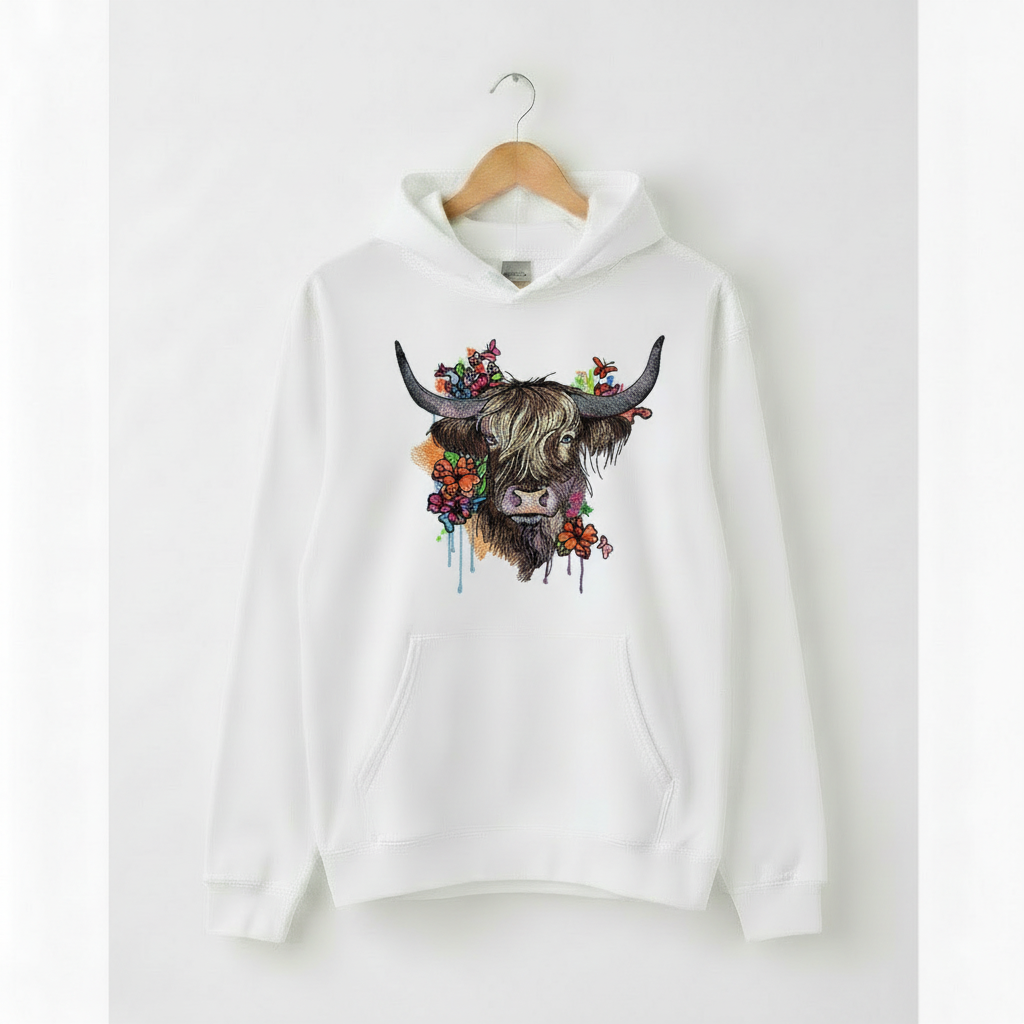 Floral Highland Cow — Premium Embroidered Hoodie | Original EmbroMania Design