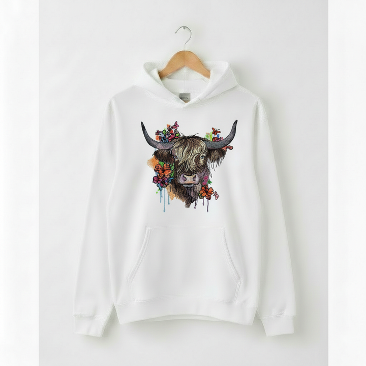 Floral Highland Cow — Premium Embroidered Hoodie | Original EmbroMania Design