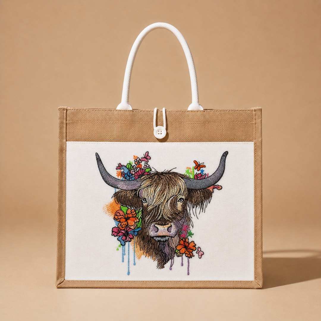 Jute bag with a colorful cow illustration on a beige background