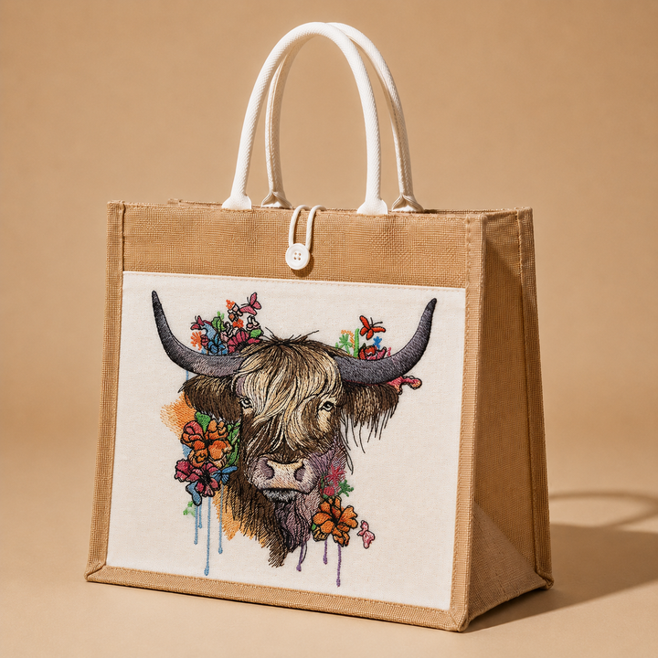 Jute bag with a decorative highland cow design on a beige background