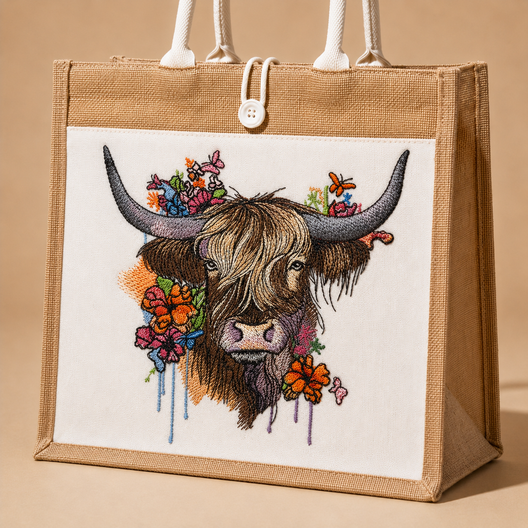 Jute bag with a colorful embroidered design of a highland cow on a beige background