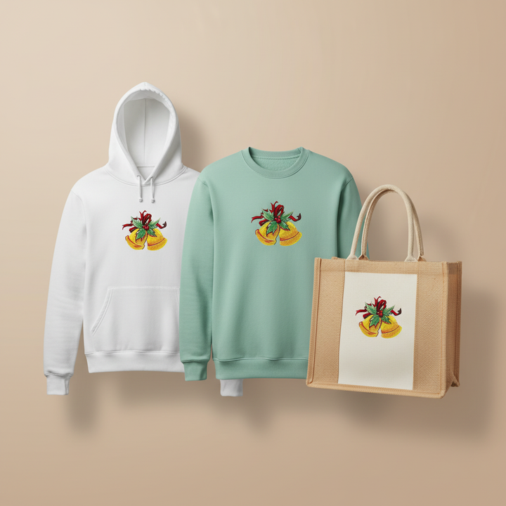 Holiday Bells with Holly &amp; Ribbon Machine Embroidered Sweatshirt – Hand Finished in Dubai | EmbroMania