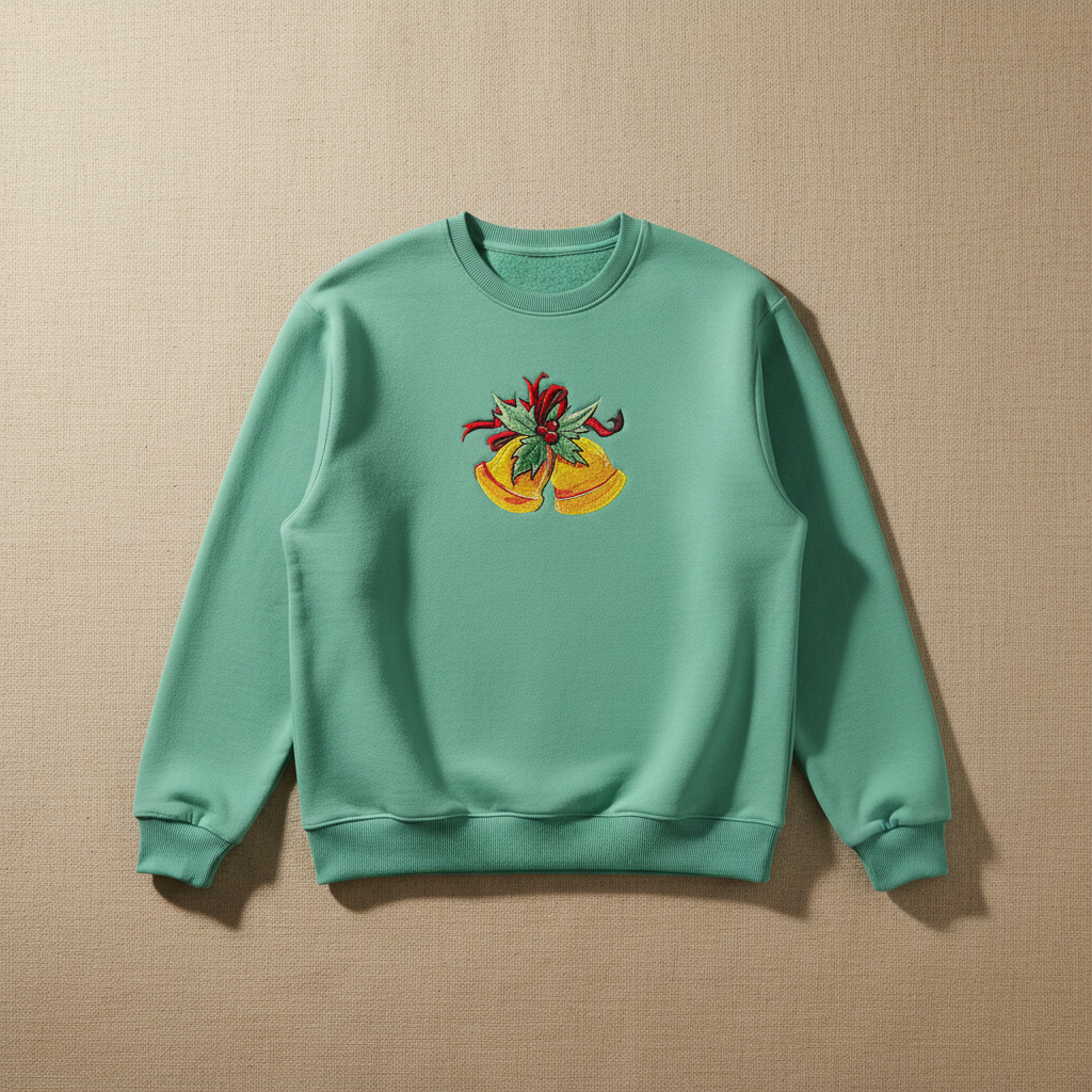 Holiday Bells with Holly &amp; Ribbon Machine Embroidered Sweatshirt – Hand Finished in Dubai | EmbroMania