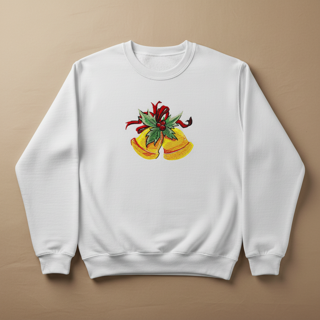 Holiday Bells with Holly &amp; Ribbon Machine Embroidered Sweatshirt – Hand Finished in Dubai | EmbroMania
