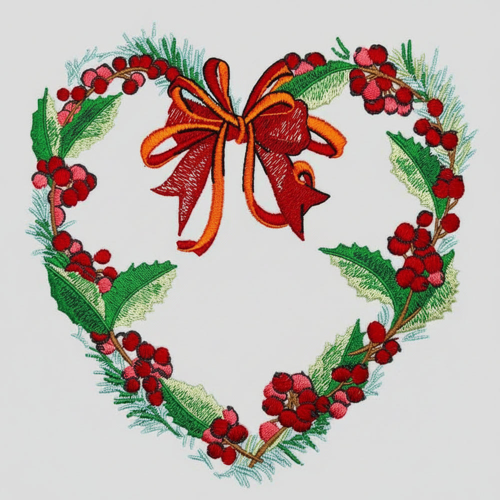 Embroidered heart-shaped wreath design with red and green elements on a white background.