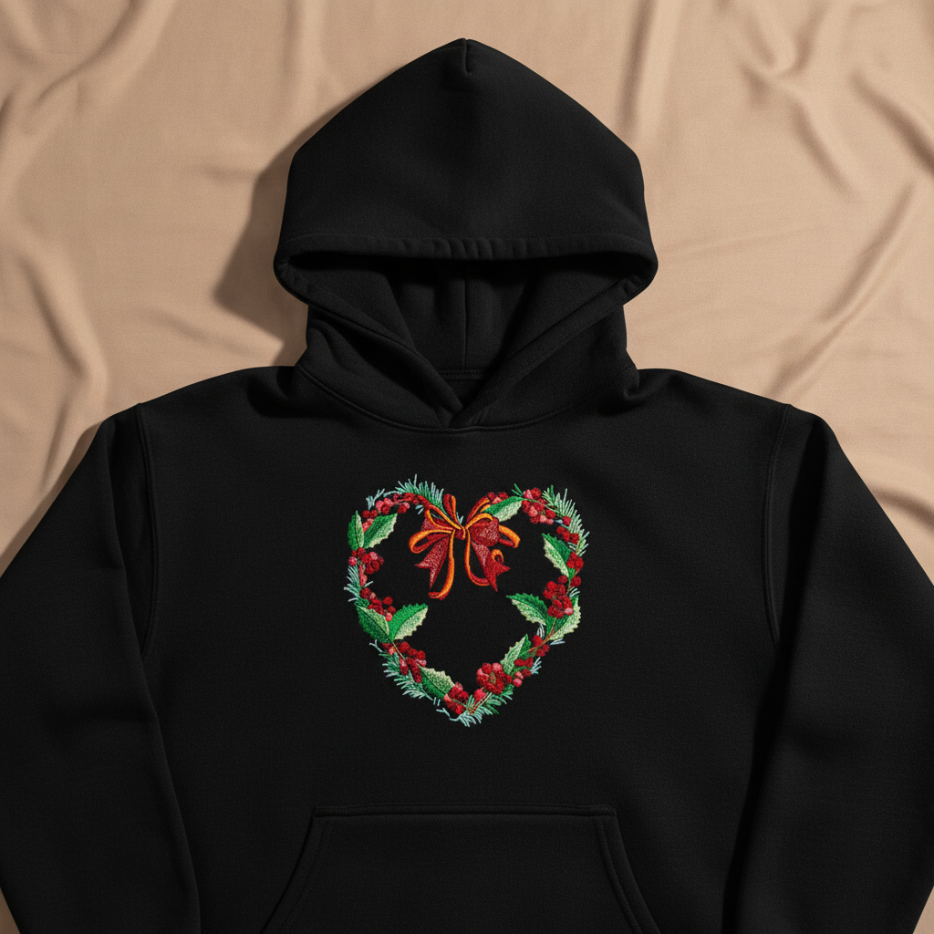 Holly Heart Wreath with Bow Machine Embroidered Sweatshirt – Hand Finished in Dubai | EmbroMania