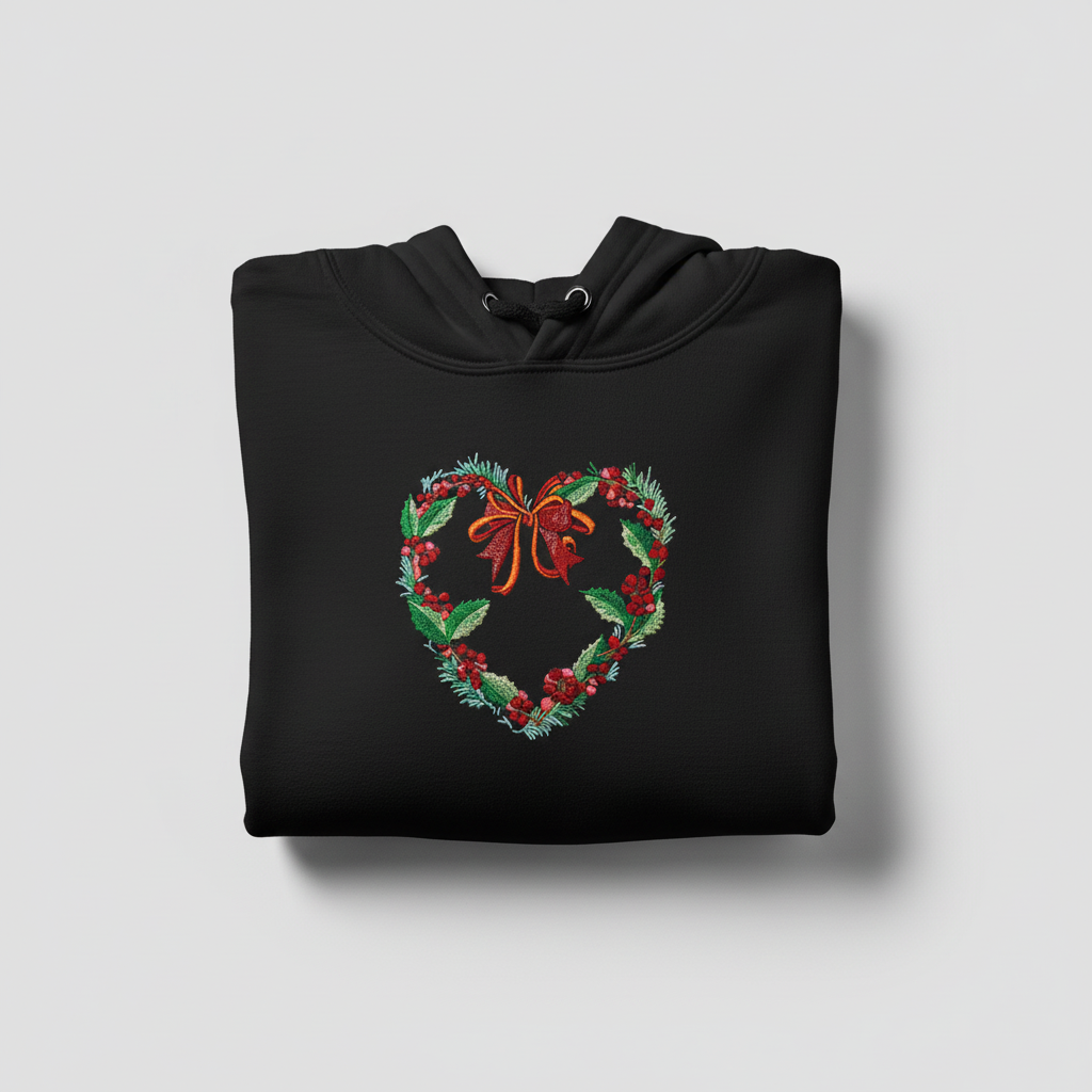 Holly Heart Wreath with Bow Machine Embroidered Sweatshirt – Hand Finished in Dubai | EmbroMania