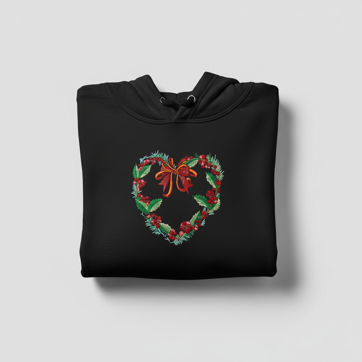 Holly Heart Wreath with Bow Machine Embroidered Sweatshirt – Hand Finished in Dubai | EmbroMania