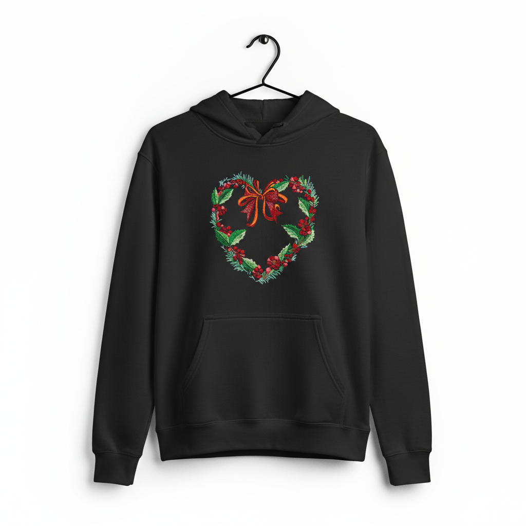 Holly Heart Wreath with Bow Machine Embroidered Sweatshirt – Hand Finished in Dubai | EmbroMania