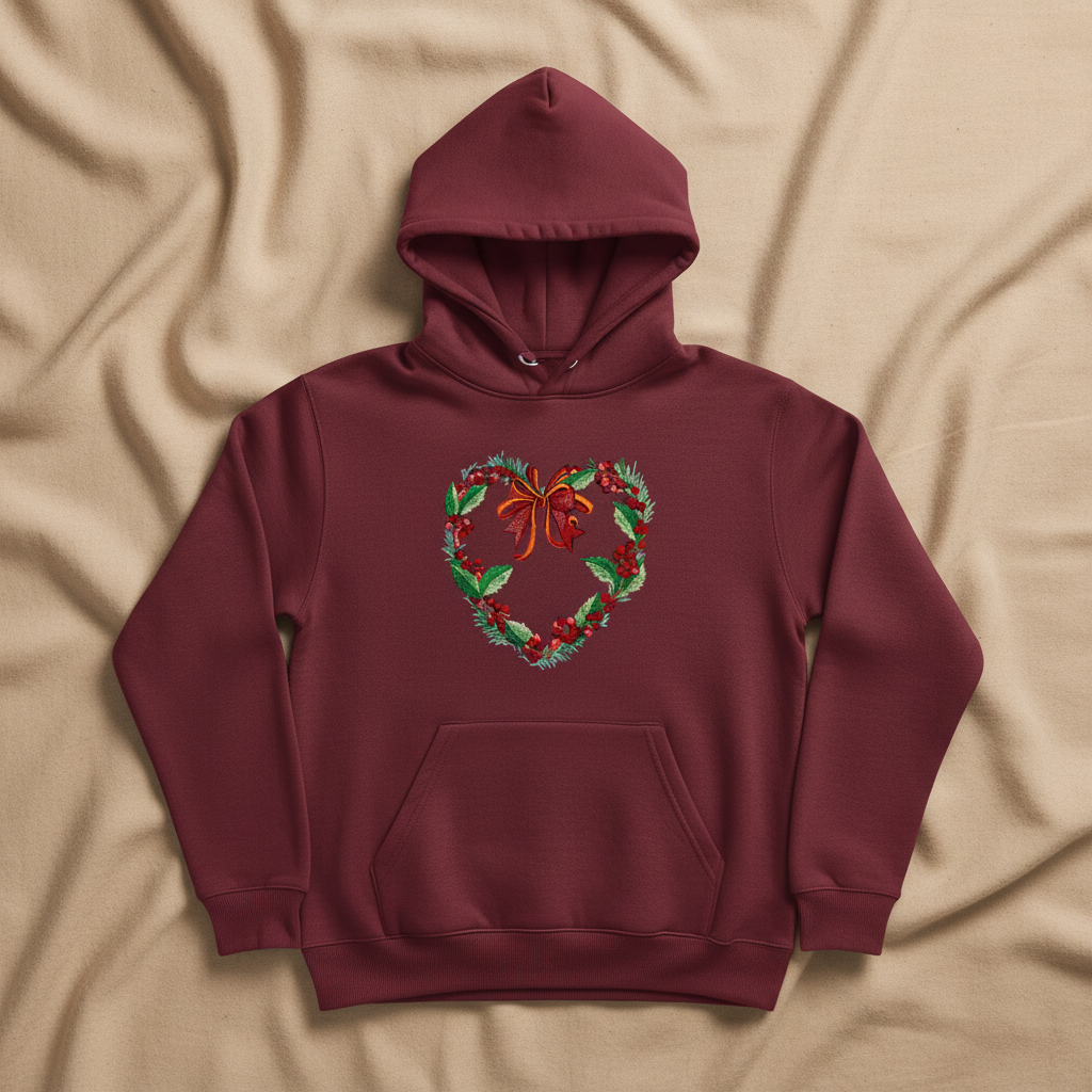 Holly Heart Wreath with Bow Machine Embroidered Sweatshirt – Hand Finished in Dubai | EmbroMania