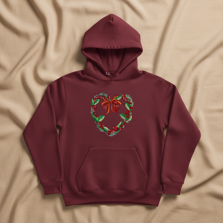 Holly Heart Wreath with Bow Machine Embroidered Sweatshirt – Hand Finished in Dubai | EmbroMania