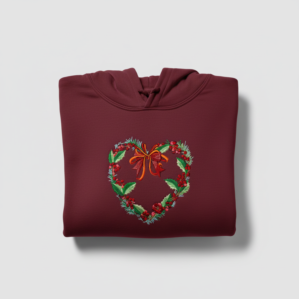 Holly Heart Wreath with Bow Machine Embroidered Sweatshirt – Hand Finished in Dubai | EmbroMania