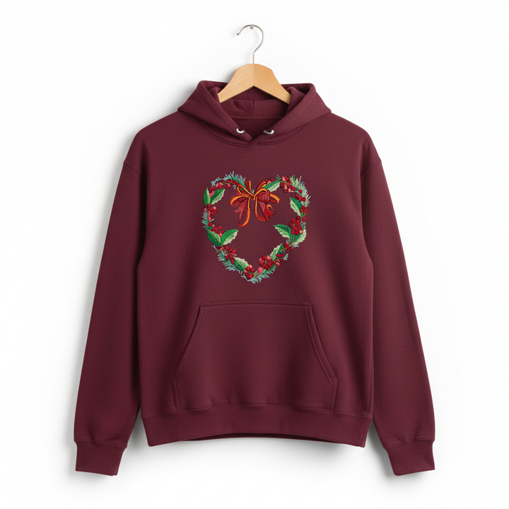 Holly Heart Wreath with Bow Machine Embroidered Sweatshirt – Hand Finished in Dubai | EmbroMania