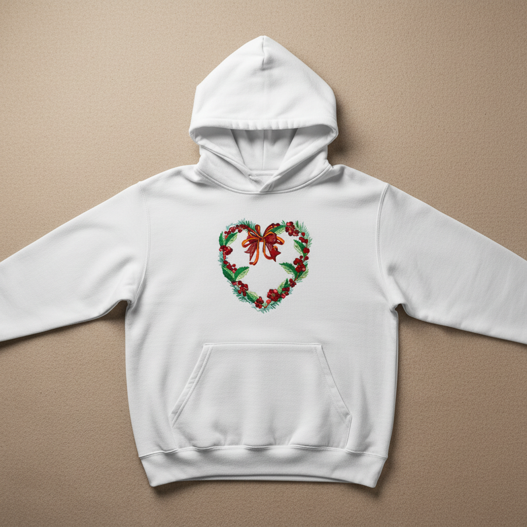 Holly Heart Wreath with Bow Machine Embroidered Sweatshirt – Hand Finished in Dubai | EmbroMania