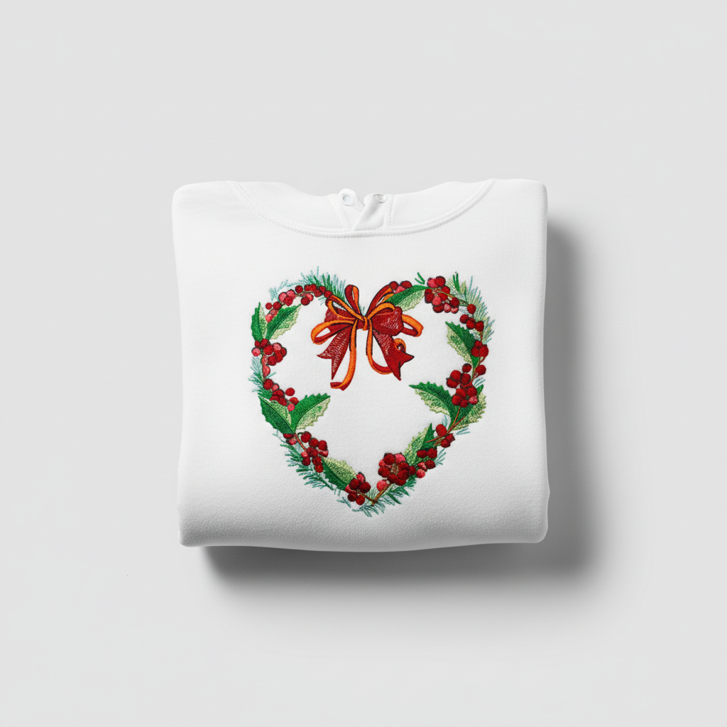 Holly Heart Wreath with Bow Machine Embroidered Sweatshirt – Hand Finished in Dubai | EmbroMania