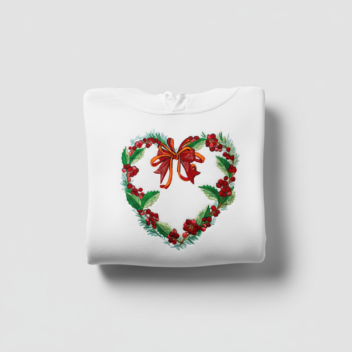 Holly Heart Wreath with Bow Machine Embroidered Sweatshirt – Hand Finished in Dubai | EmbroMania