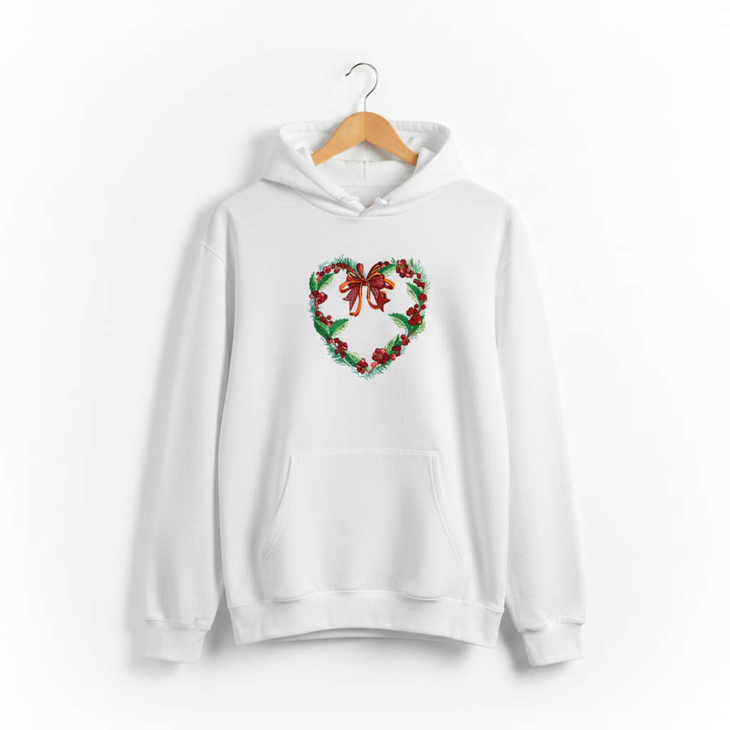 Holly Heart Wreath with Bow Machine Embroidered Sweatshirt – Hand Finished in Dubai | EmbroMania