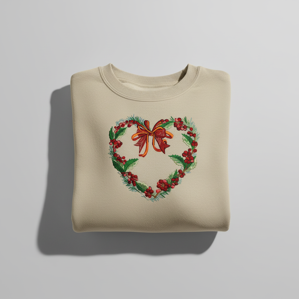 Holly Heart Wreath with Bow Machine Embroidered Sweatshirt – Hand Finished in Dubai | EmbroMania