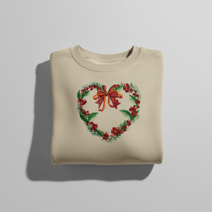 Holly Heart Wreath with Bow Machine Embroidered Sweatshirt – Hand Finished in Dubai | EmbroMania
