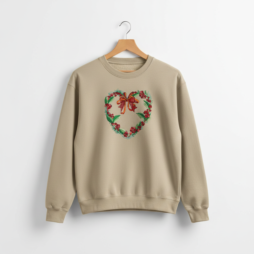 Holly Heart Wreath with Bow Machine Embroidered Sweatshirt – Hand Finished in Dubai | EmbroMania