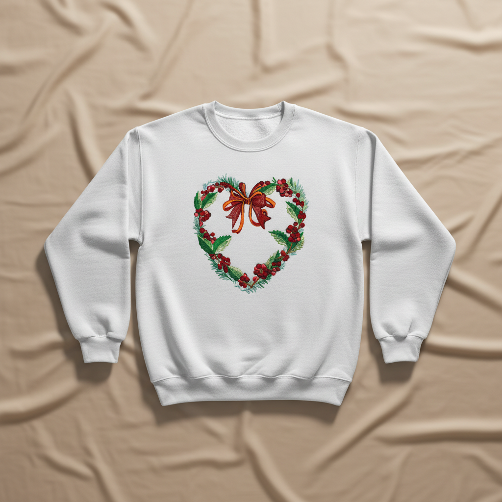 Holly Heart Wreath with Bow Machine Embroidered Sweatshirt – Hand Finished in Dubai | EmbroMania