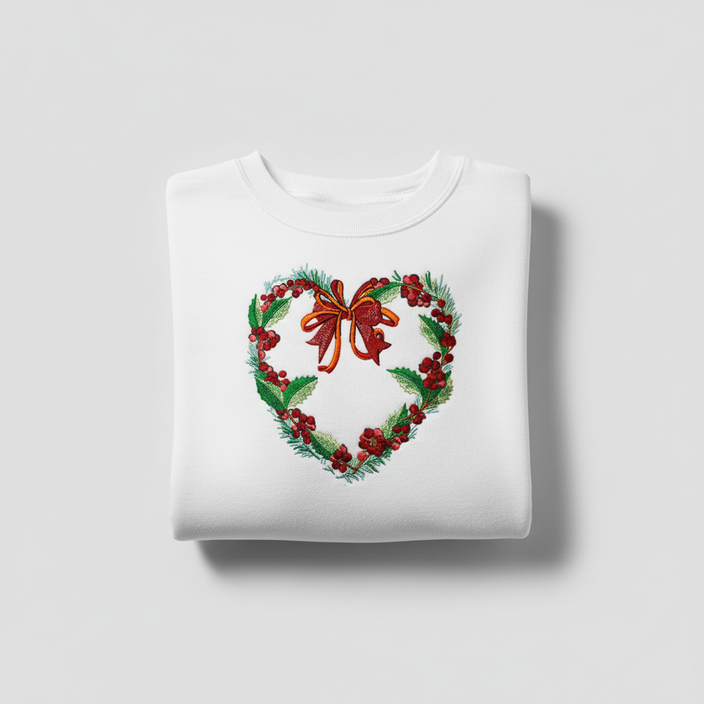 Holly Heart Wreath with Bow Machine Embroidered Sweatshirt – Hand Finished in Dubai | EmbroMania