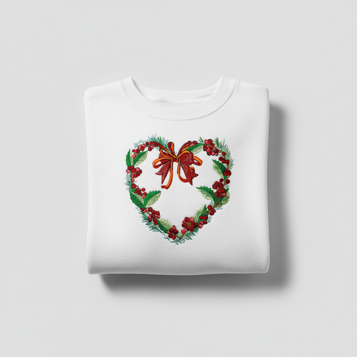 Holly Heart Wreath with Bow Machine Embroidered Sweatshirt – Hand Finished in Dubai | EmbroMania
